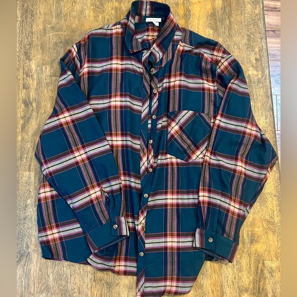 Maurices Women’s Flannel Shirt 3X Green Pink Orange Plaid Fall Button Down Soft - Picture 6 of 8